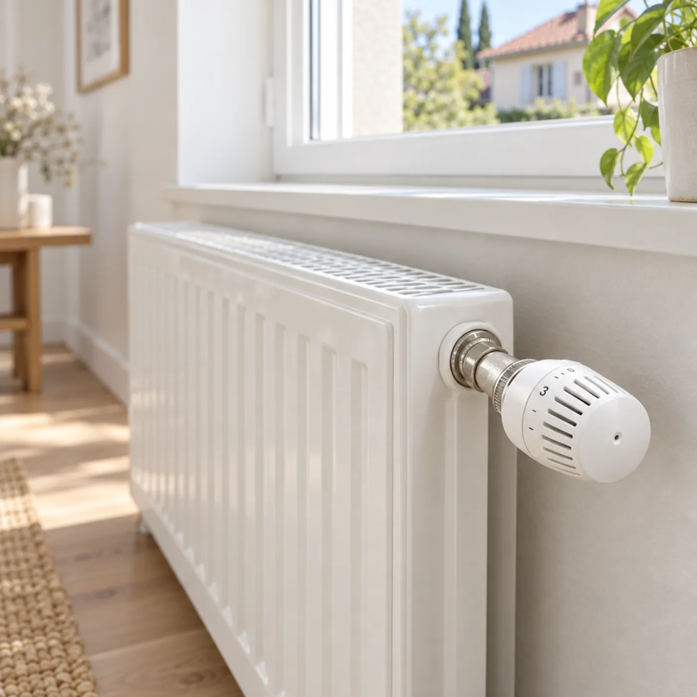 Robinet thermostatique d'un radiateur sous une fenêtre, après l'entretien du chauffage
